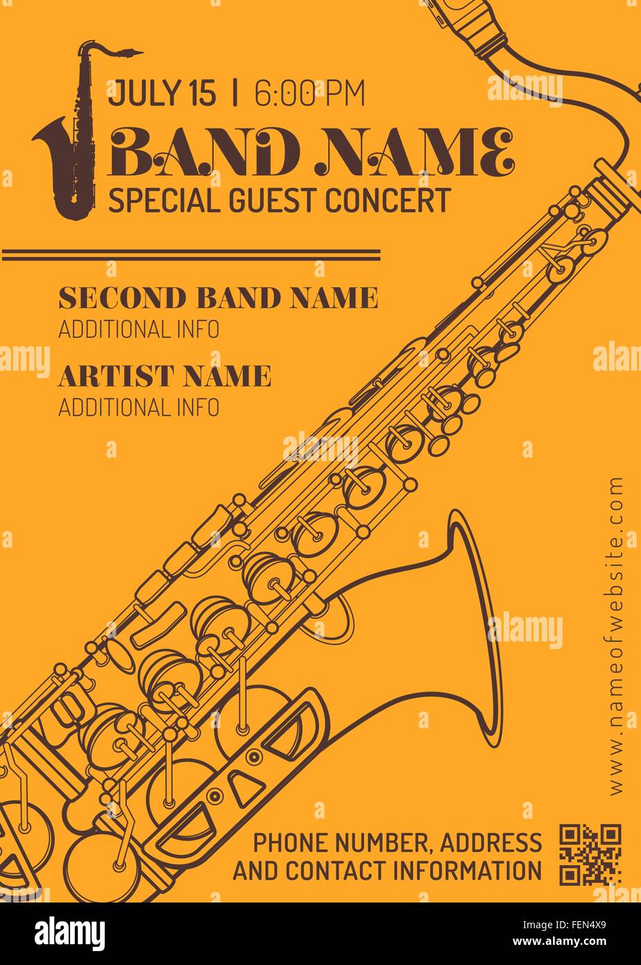 Vettore Arancione marrone musica jazz concerto di musica sax modello flyer design minimale Illustrazione Vettoriale