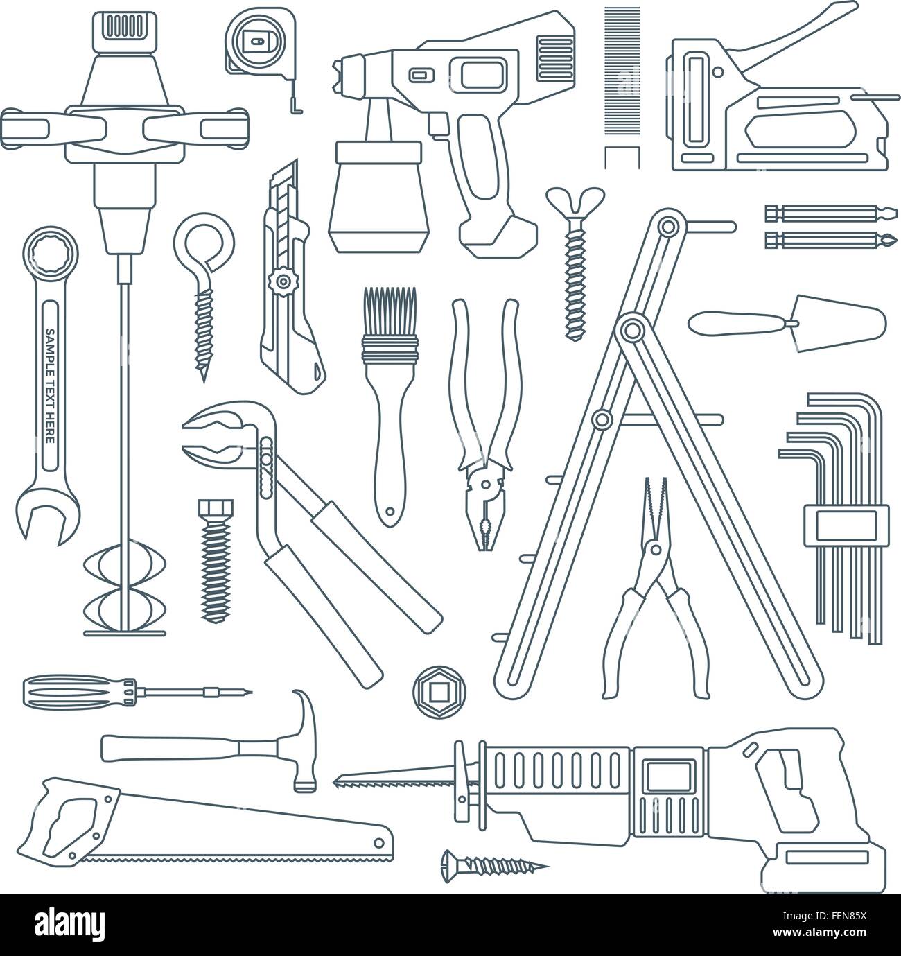 Vettore grigio scuro contorno casa vari attrezzi per la riparazione dei set di strumenti Illustrazione Vettoriale