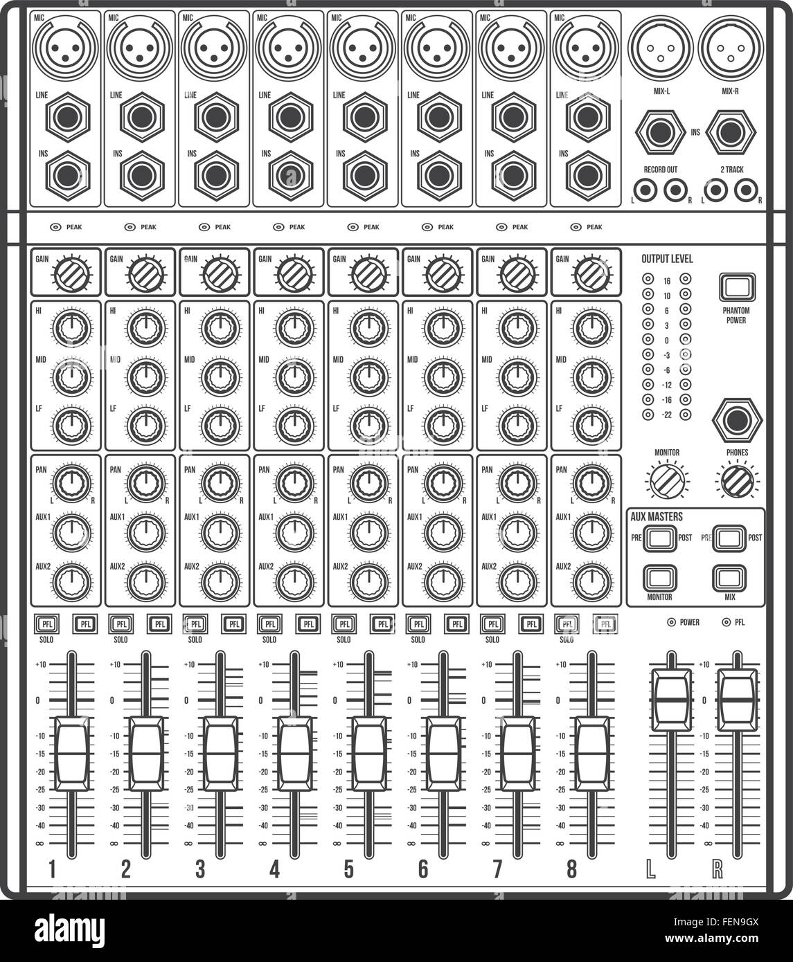 Profilo di vettore concerto monocromatica mixer audio con le manopole  cursori e ingressi Immagine e Vettoriale - Alamy
