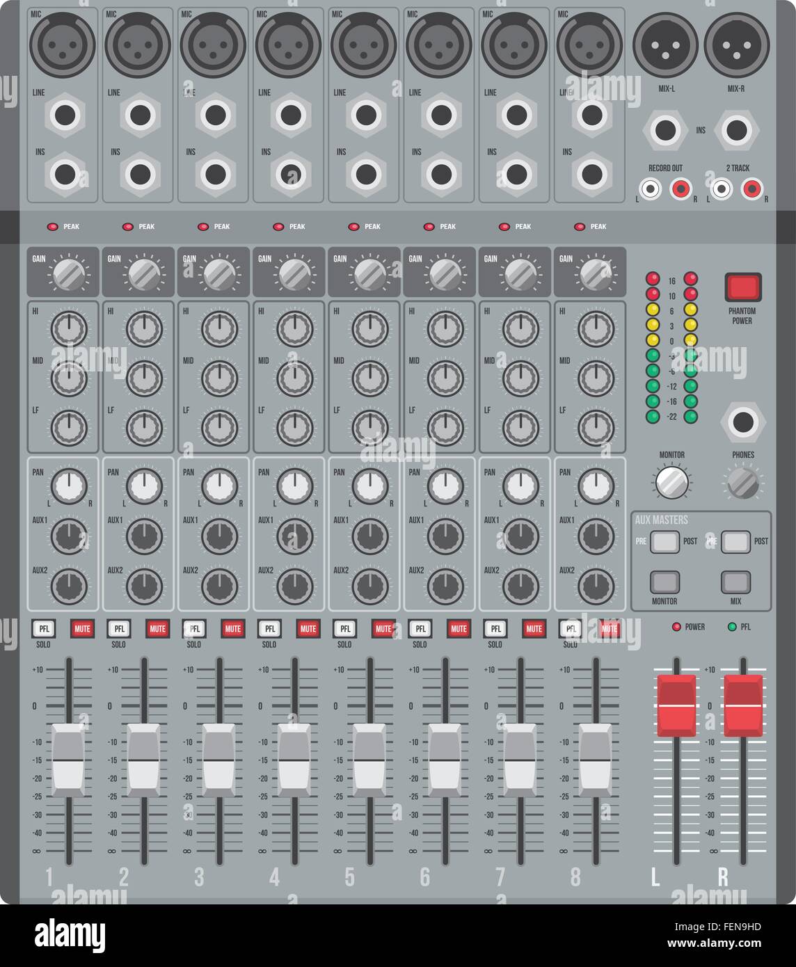 Vector design piatto concerto mixer audio con le manopole cursori e  ingressi Immagine e Vettoriale - Alamy
