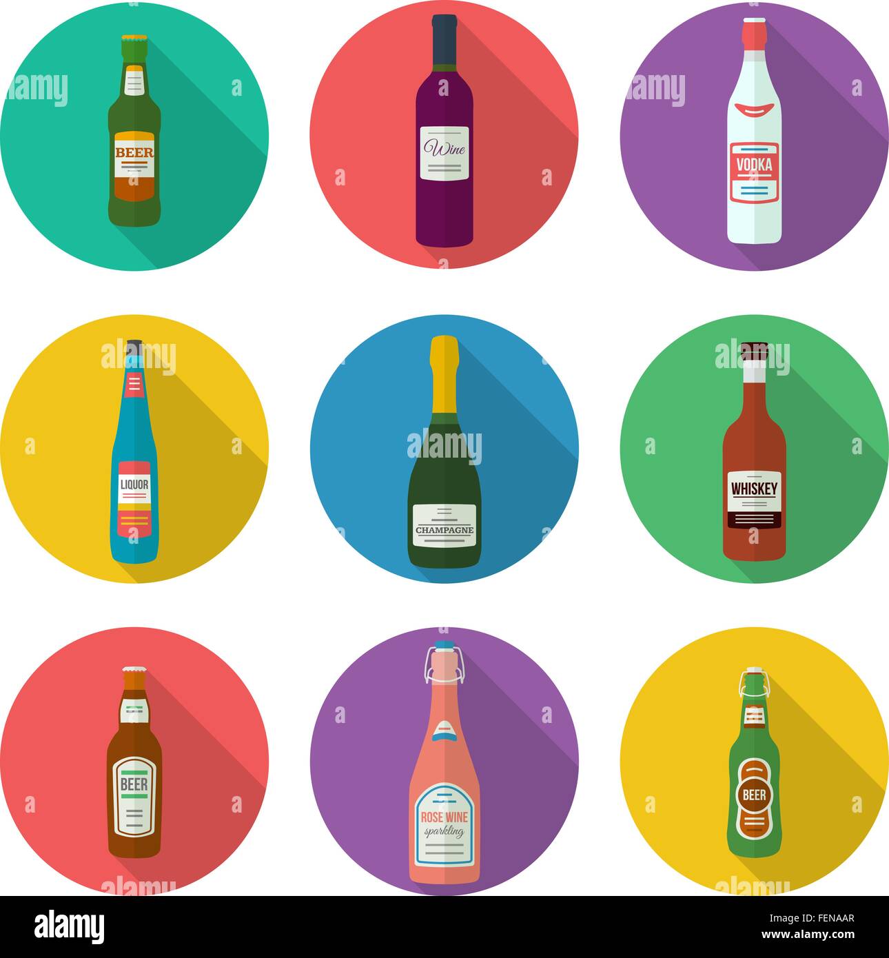 Design piatto bottiglie di alcol set di icone Illustrazione Vettoriale