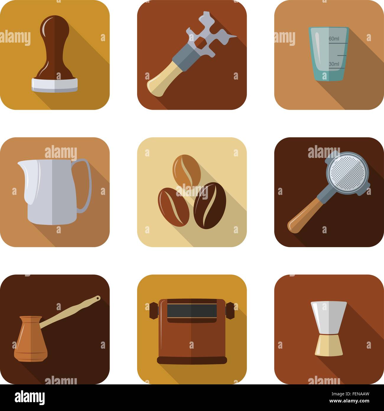 Design piatto caffè barista attrezzature set di icone Illustrazione Vettoriale