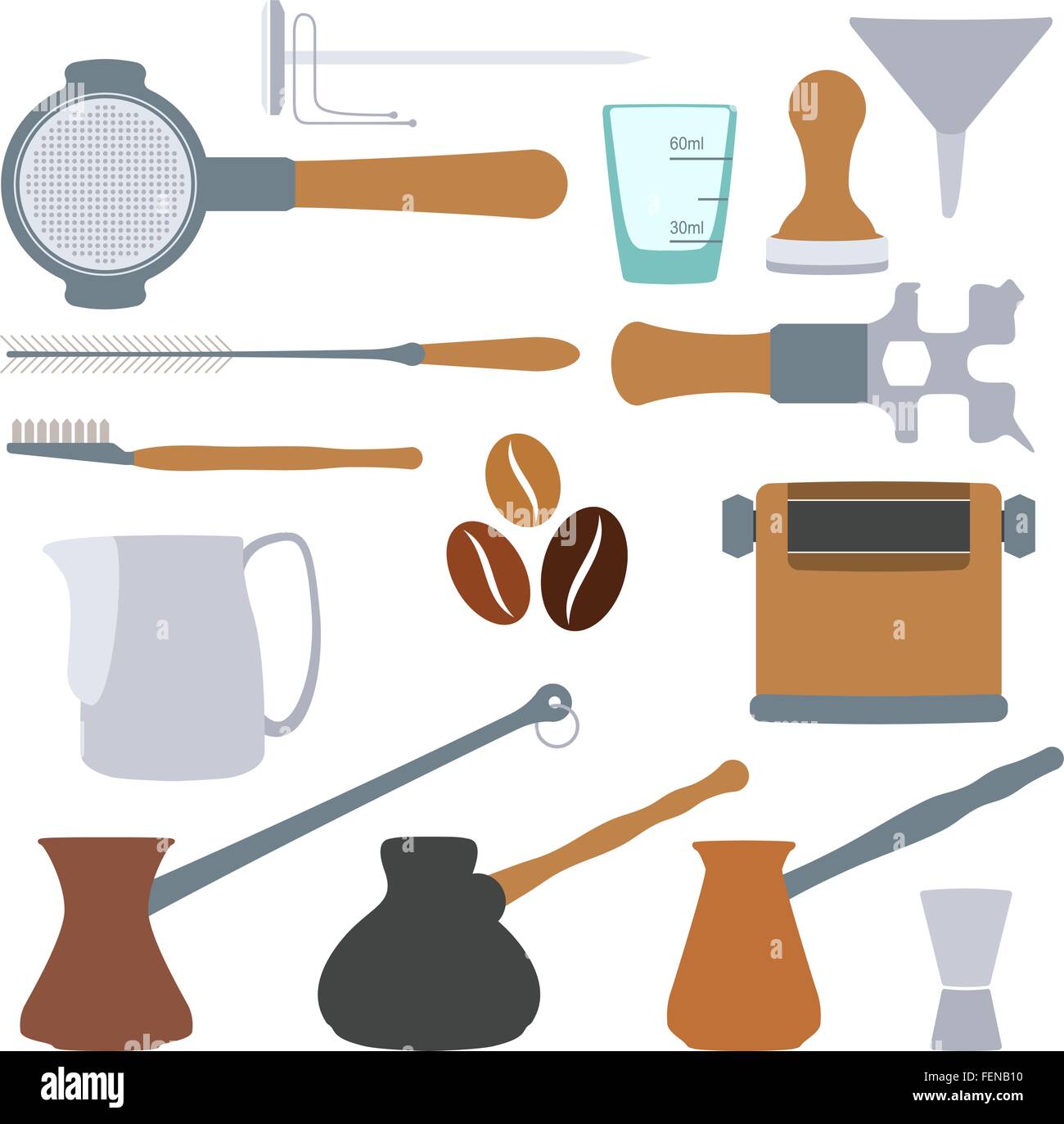 Design piatto colori solidi caffè barista set di attrezzatura Illustrazione Vettoriale