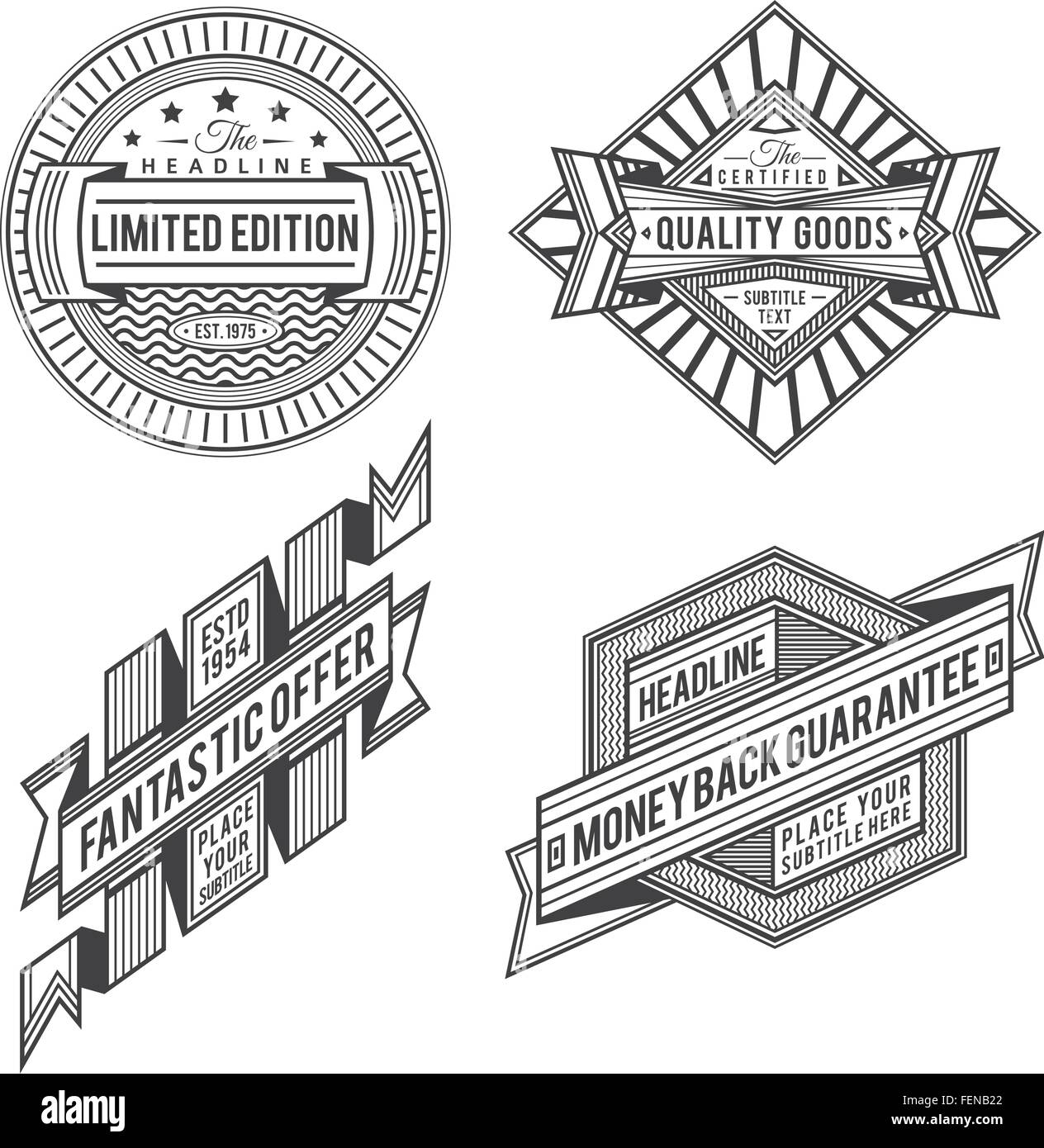 Set di retrò nastro outline stile vintage etichette e striscioni in nero color design Illustrazione Vettoriale