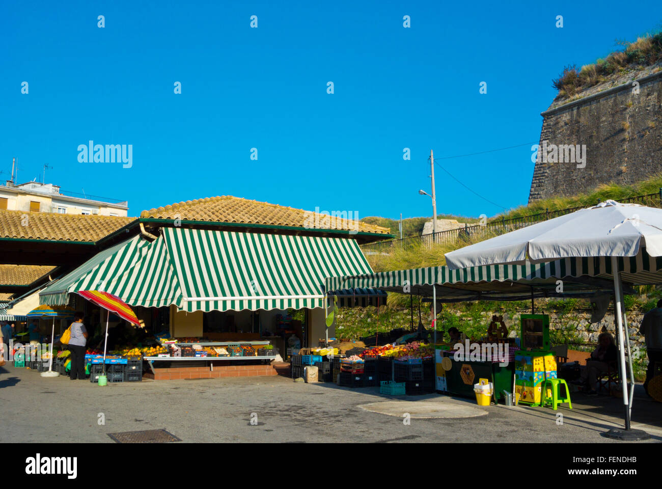 Mercato all'aperto, Corfu, isole Ionie, Grecia Foto Stock