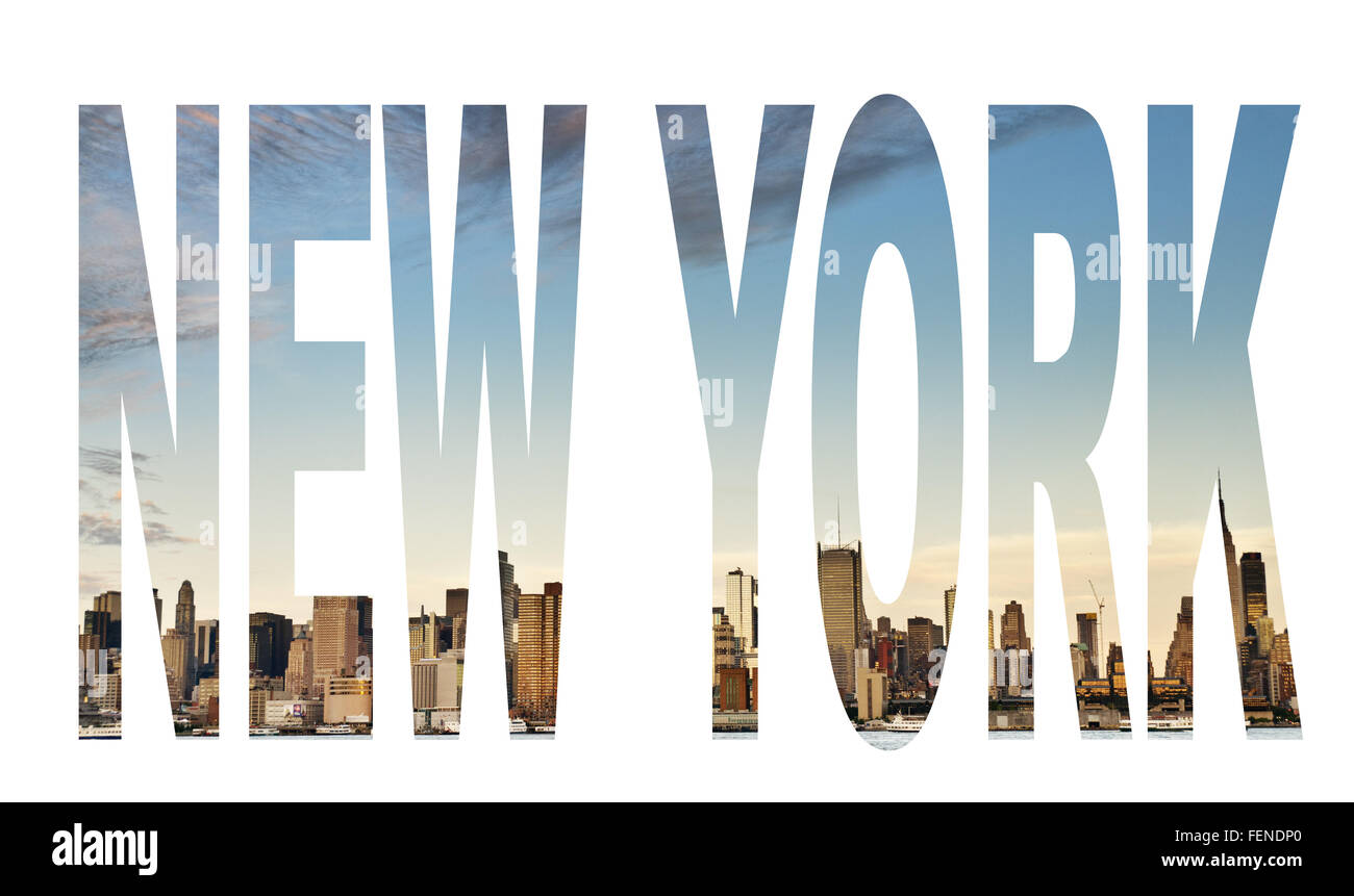 New York city name - USA destinazione di viaggio segno su sfondo bianco. Foto Stock