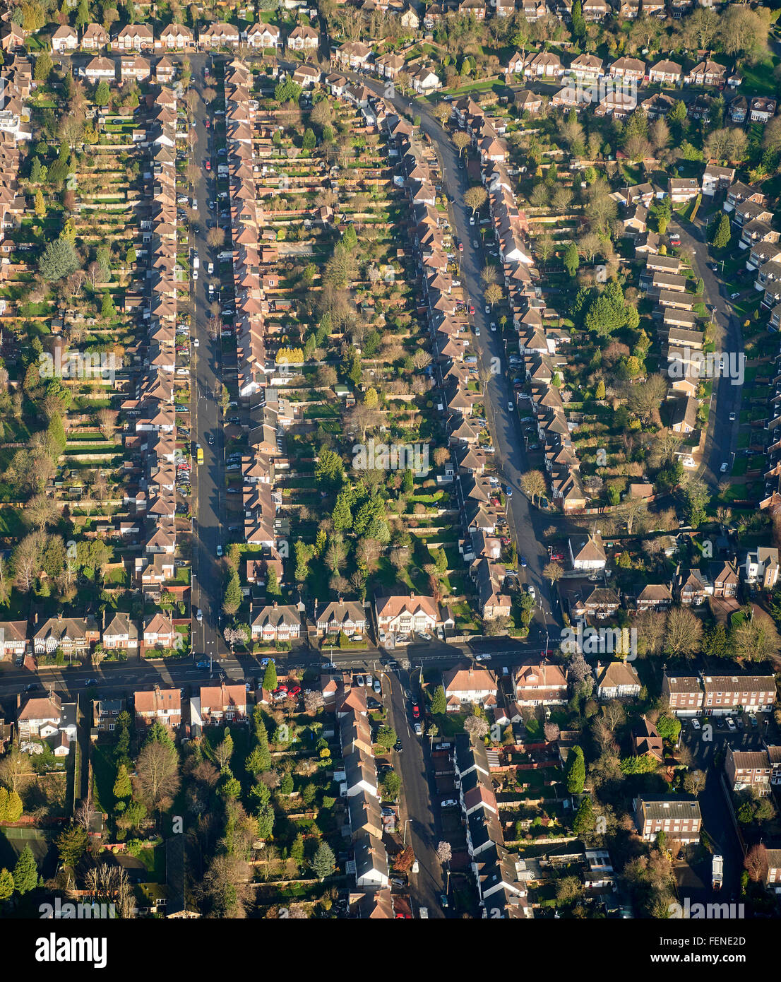 Una veduta aerea di strade residenziali, Luton, Bedfordshire, Sud Est Inghilterra Foto Stock