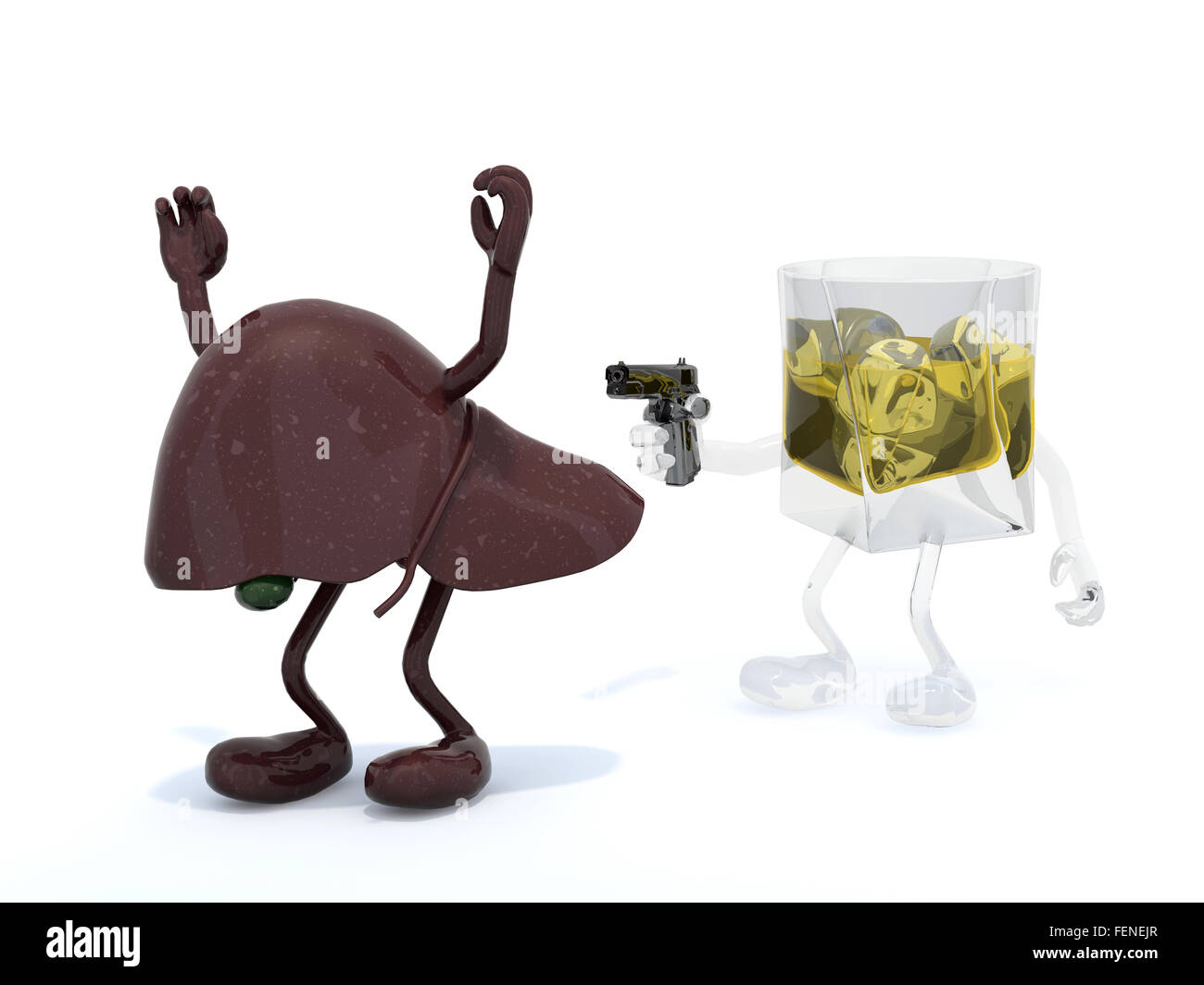 Whiskey bottiglia con bracci a colpi di pistola per il fegato umano, 3d illustrazione Foto Stock