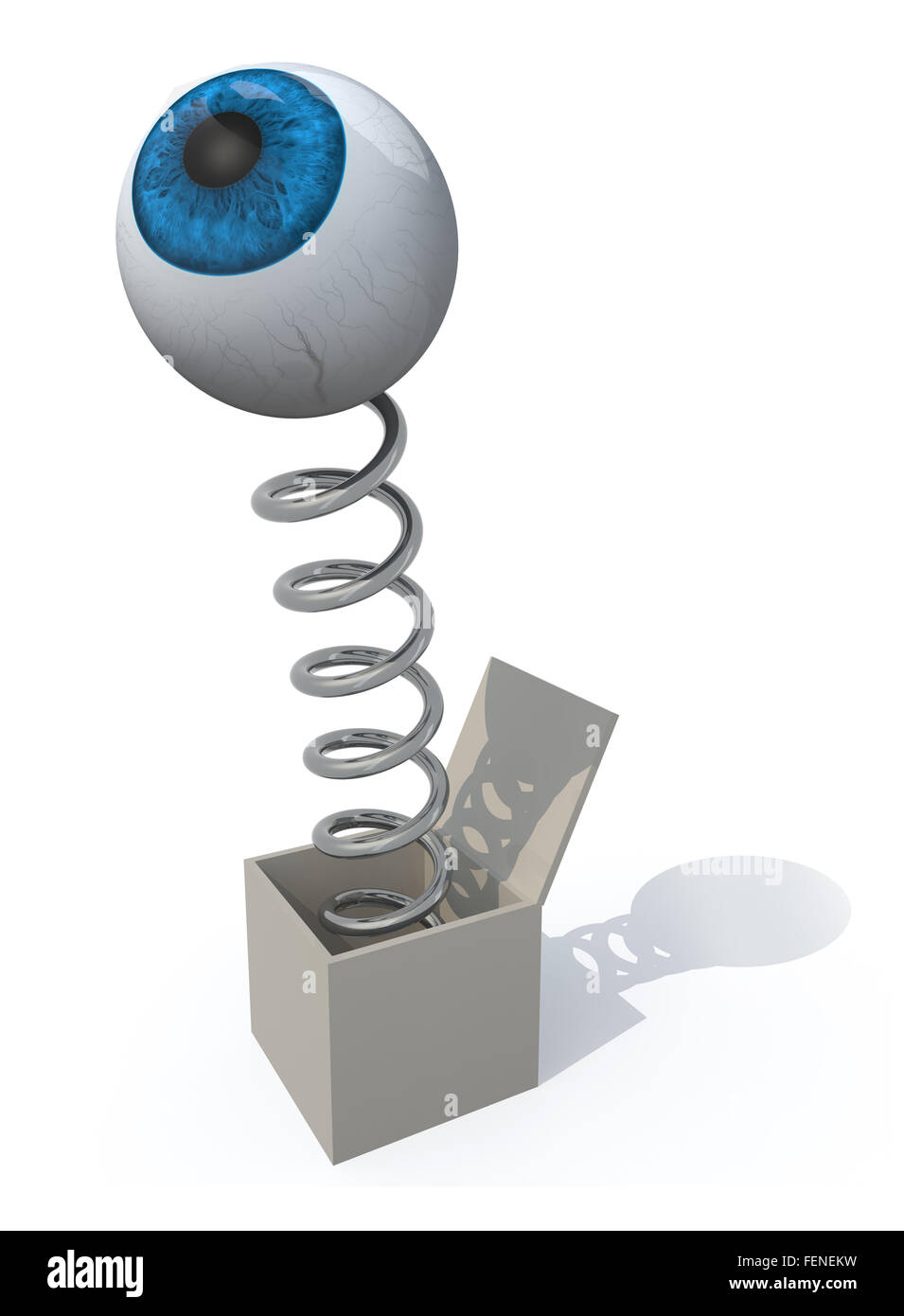 Umano occhio blu esce da una scatola con una molla, 3d illustrazione Foto Stock