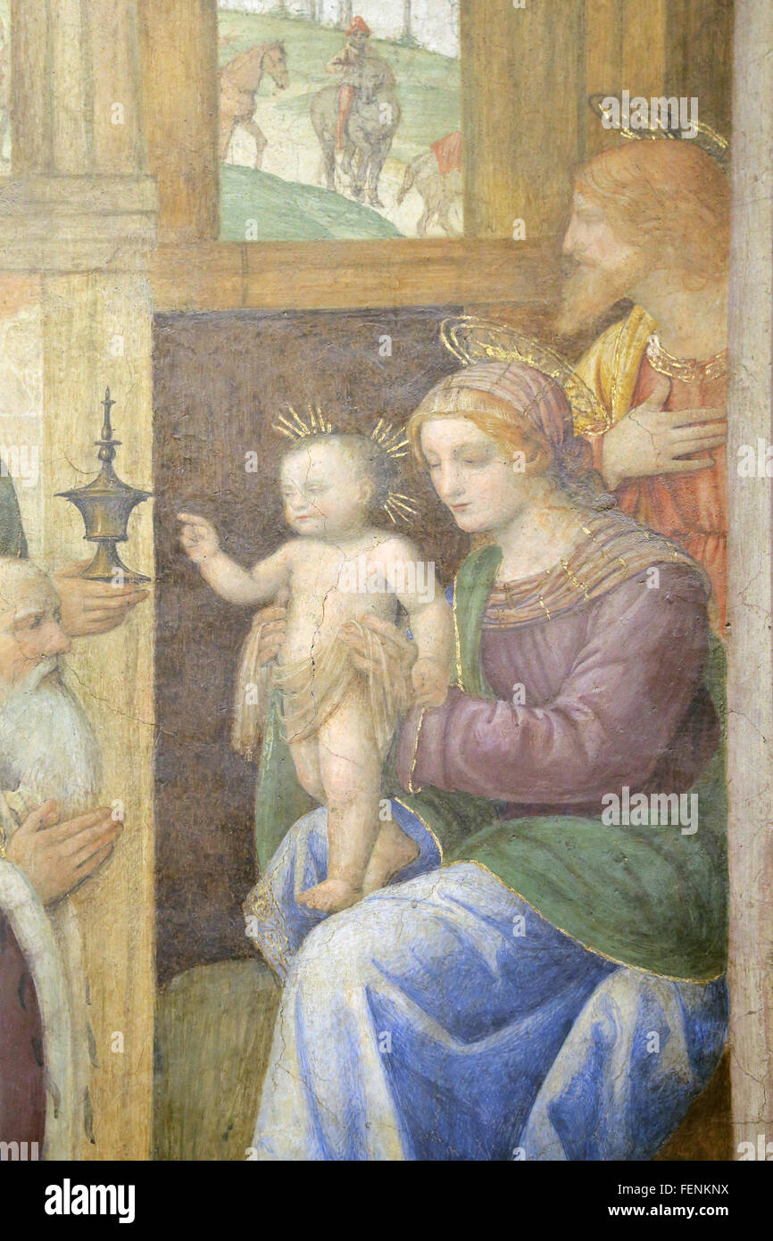 Adorazione dei Magi, 1520-1525. Dal pittore italiano Bernardino Luini (1480-1532). Dettaglio. Affresco. Foto Stock