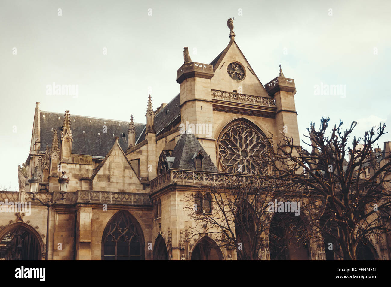 Facciata e le sculture della chiesa di Saint-Germain l'Auxerrois. Parigi, Francia. Sfondo gotico, Immagine tonica. Foto Stock