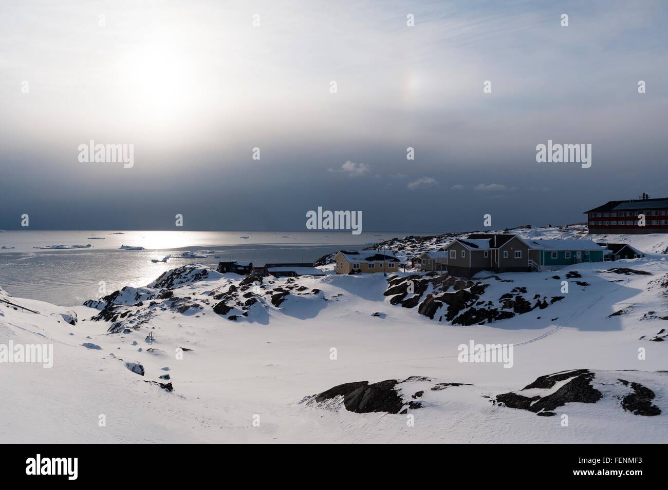Nuvole temporalesche sulla baia di Disko a Ilulissat Foto Stock