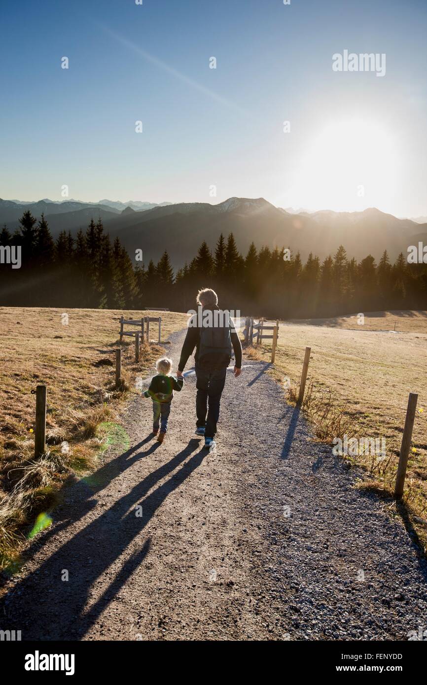 Vista posteriore di un uomo e di una figlia toddler passeggiate su sterrato, Tegernsee, Baviera, Germania Foto Stock