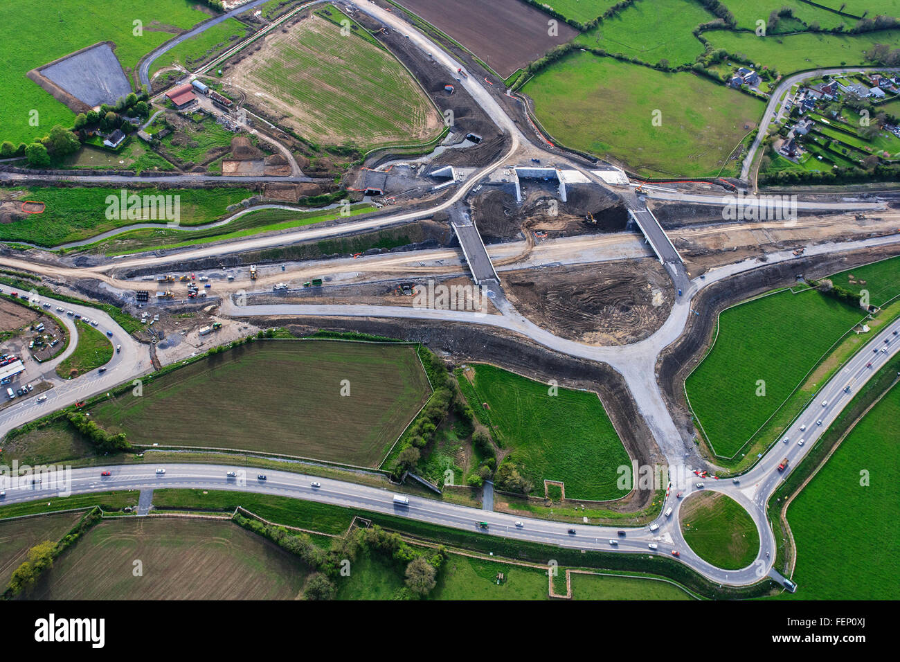 Infrastrutture stradali La costruzione, vista aerea autostrada svincolo stradale costruzione regno unito Foto Stock