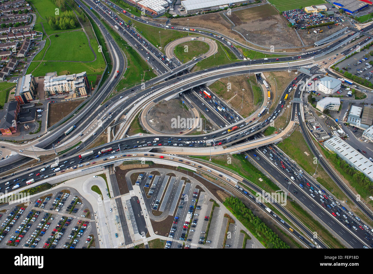 Infrastrutture stradali La costruzione, vista aerea autostrada svincolo stradale costruzione regno unito Foto Stock