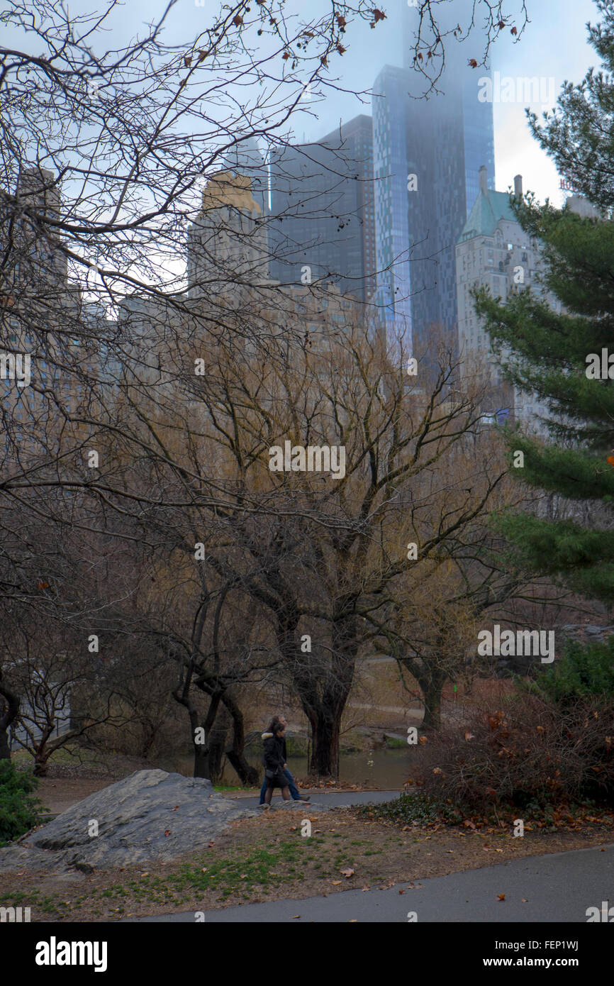 I turisti a Central Park in inverno, New York, Stati Uniti d'America Foto Stock