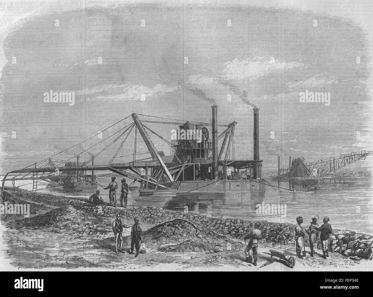 Canale di Suez in costruzione. Draghe e ascensori sul lavoro 1869. Illustrated London News Foto Stock