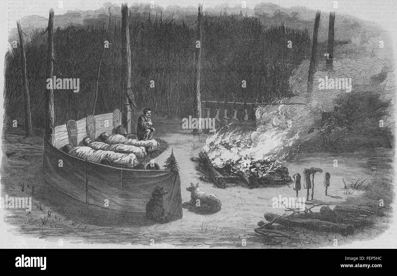 ALASKA Camp nei boschi. Alaska, fine America Russa 1868. Illustrated London News Foto Stock