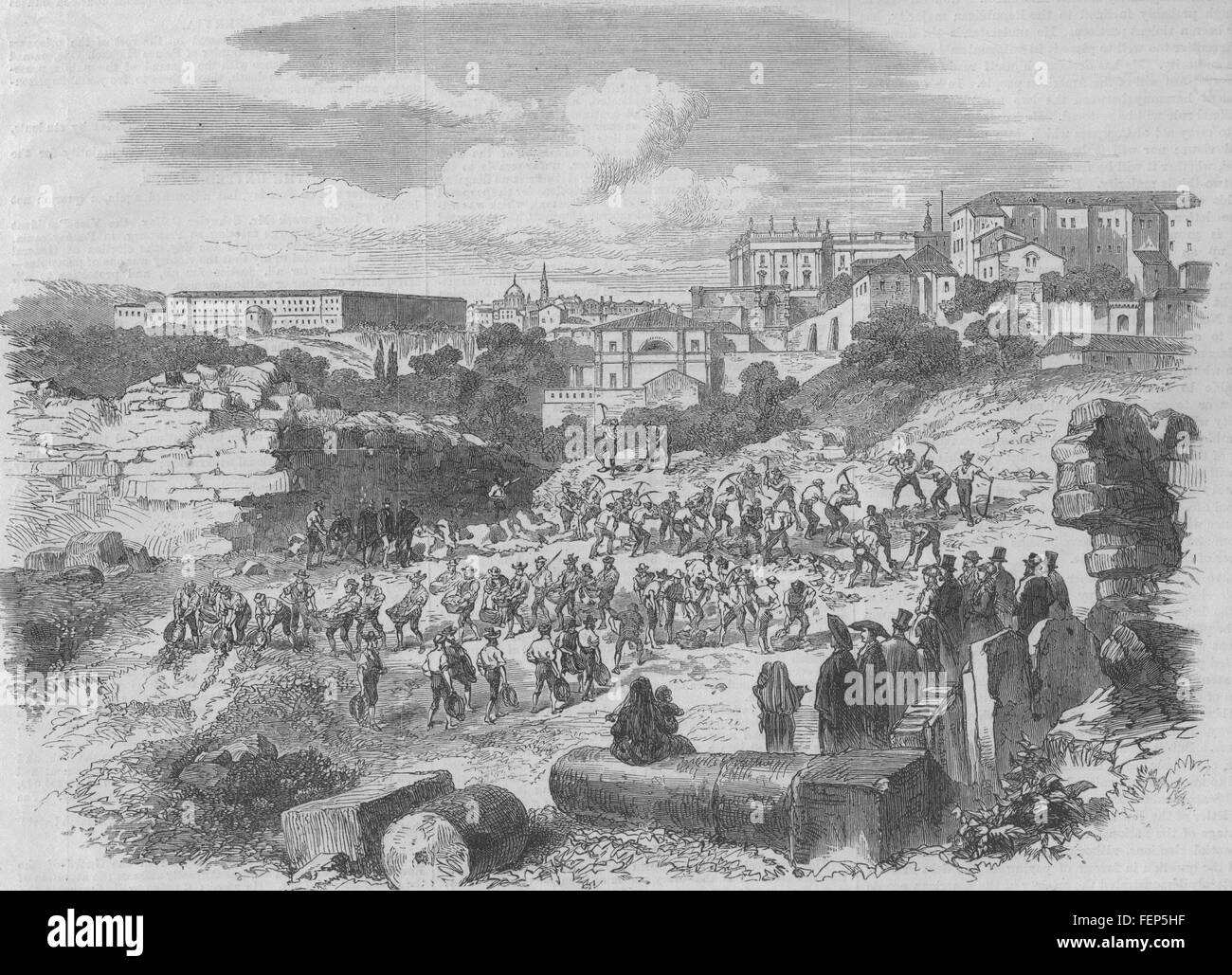 MADRID la rivoluzione in Spagna; demolizione delle mura della città vecchia. Spagna 1868. Illustrated London News Foto Stock