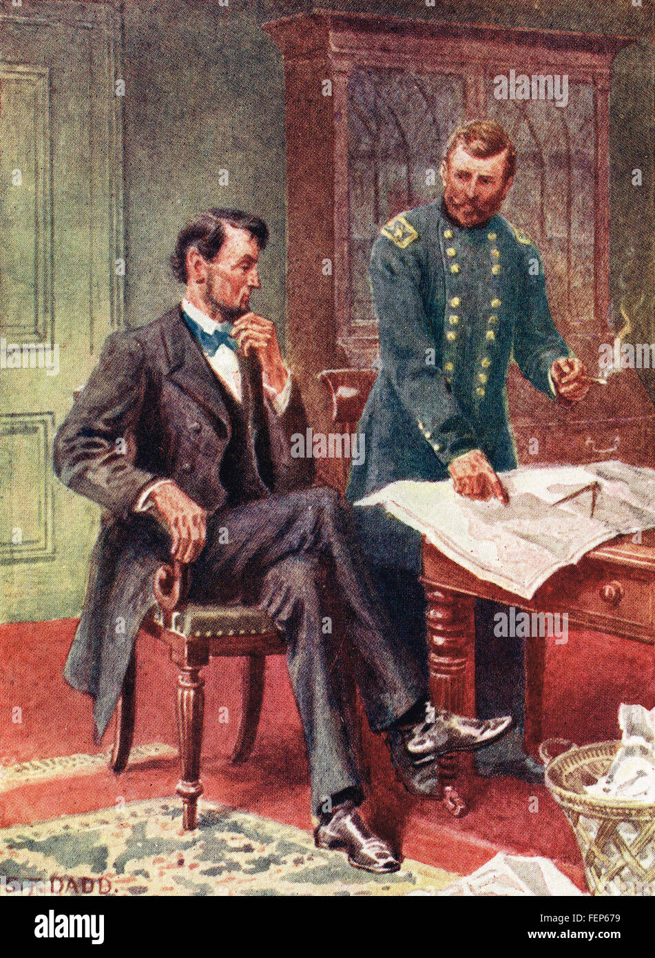 Il presidente Lincoln & General Grant discutere la guerra civile piani Foto Stock