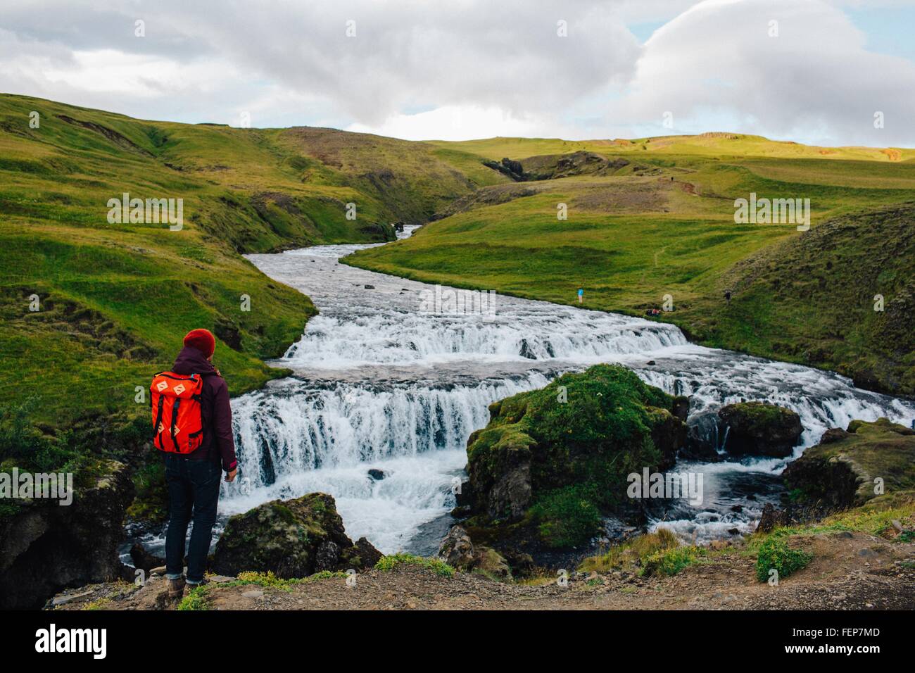 Vista posteriore della metà uomo adulto guardando il fiume che scorre attraverso il lussureggiante paesaggio verde, Islanda Foto Stock