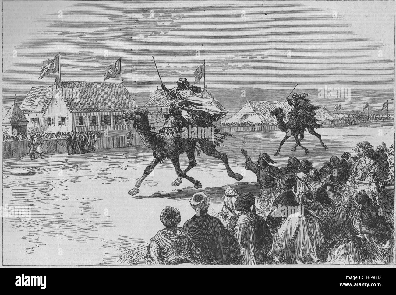 Il Cairo Fete del viceré d'Egitto il dromedario gara. Cammelli 1869. Illustrated London News Foto Stock