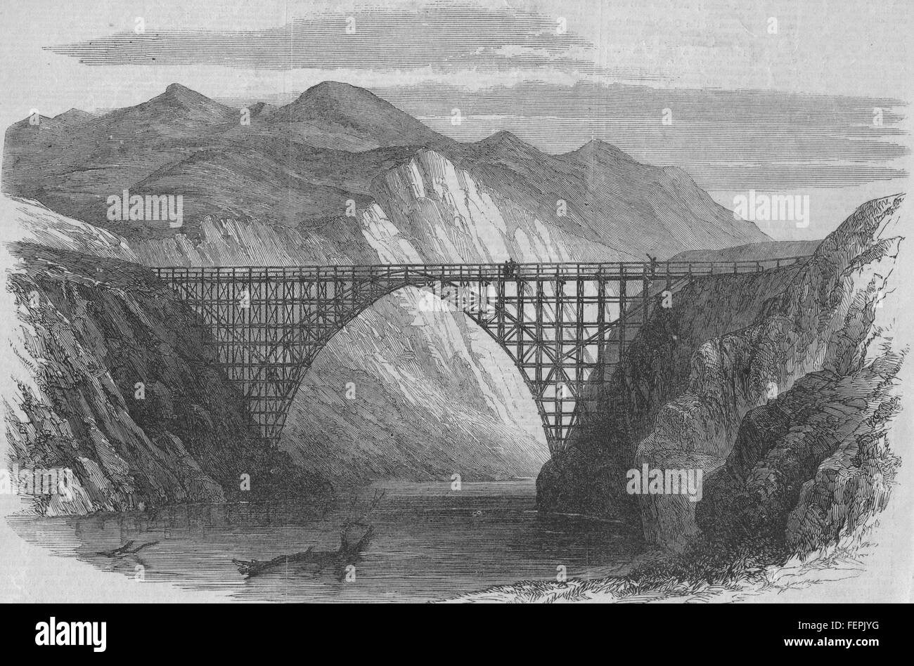 Nuova Zelanda ponte in legno sul fiume Wai-Au-Ua, provincia di Nelson 1864. Illustrated London News Foto Stock