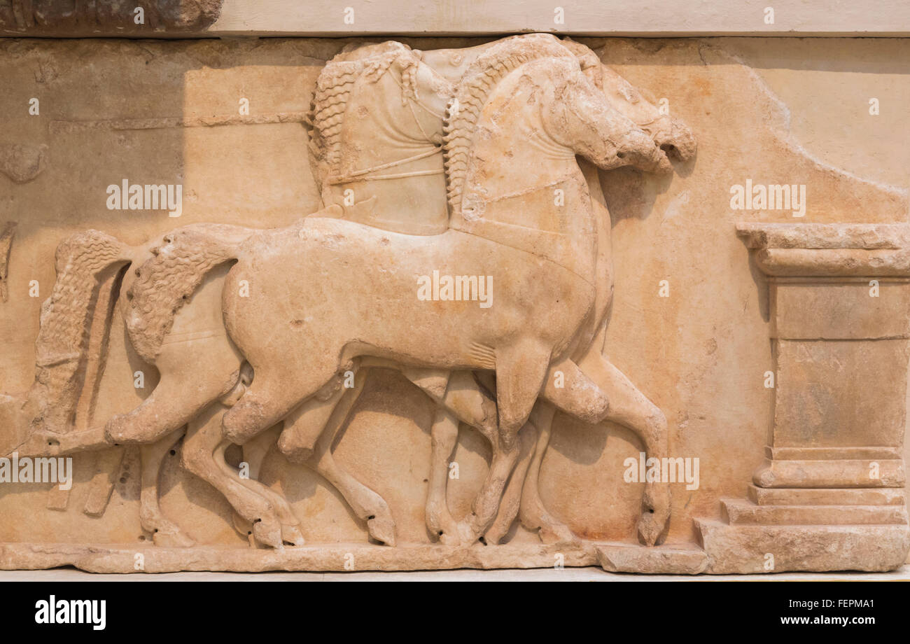 Delphi, Phocis, Grecia. Delphi museo archeologico. La scultura del cavallino rampante cavalli dal sud del fregio del Tesoro di Siphians Foto Stock