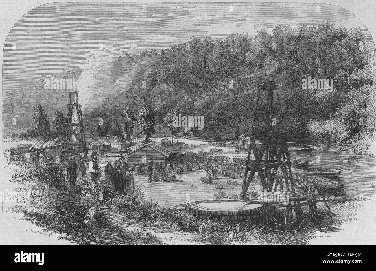 In Pennsylvania Città dell'olio olio molle alla Fattoria Tarr, olio Creek, Venango County 1862. Illustrated London News Foto Stock