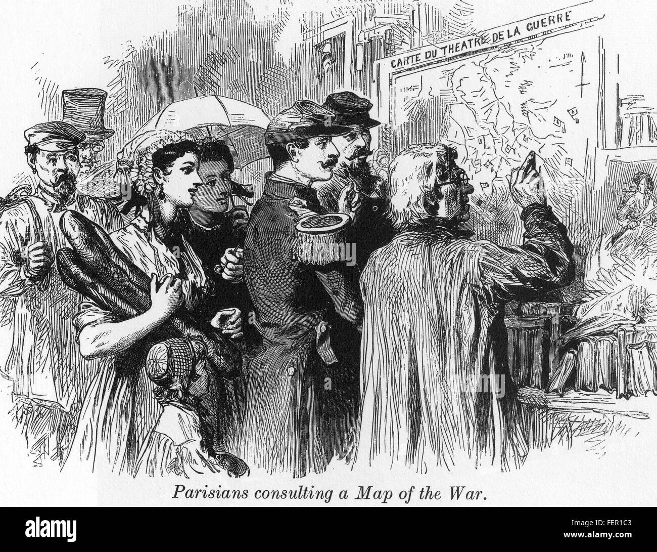 FRANCO-prussiana di guerra (1870-1871) parigini controllare una mappa per seguire i progressi della guerra Foto Stock