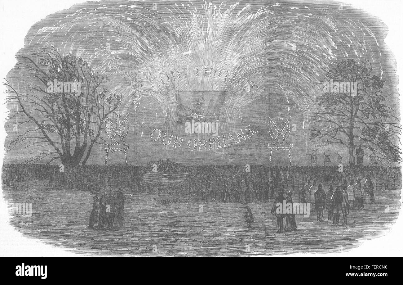 Londra fuochi d'artificio al commerciante marinaio orfani dell asilo, Bow-Road 1850. Illustrated London News Foto Stock