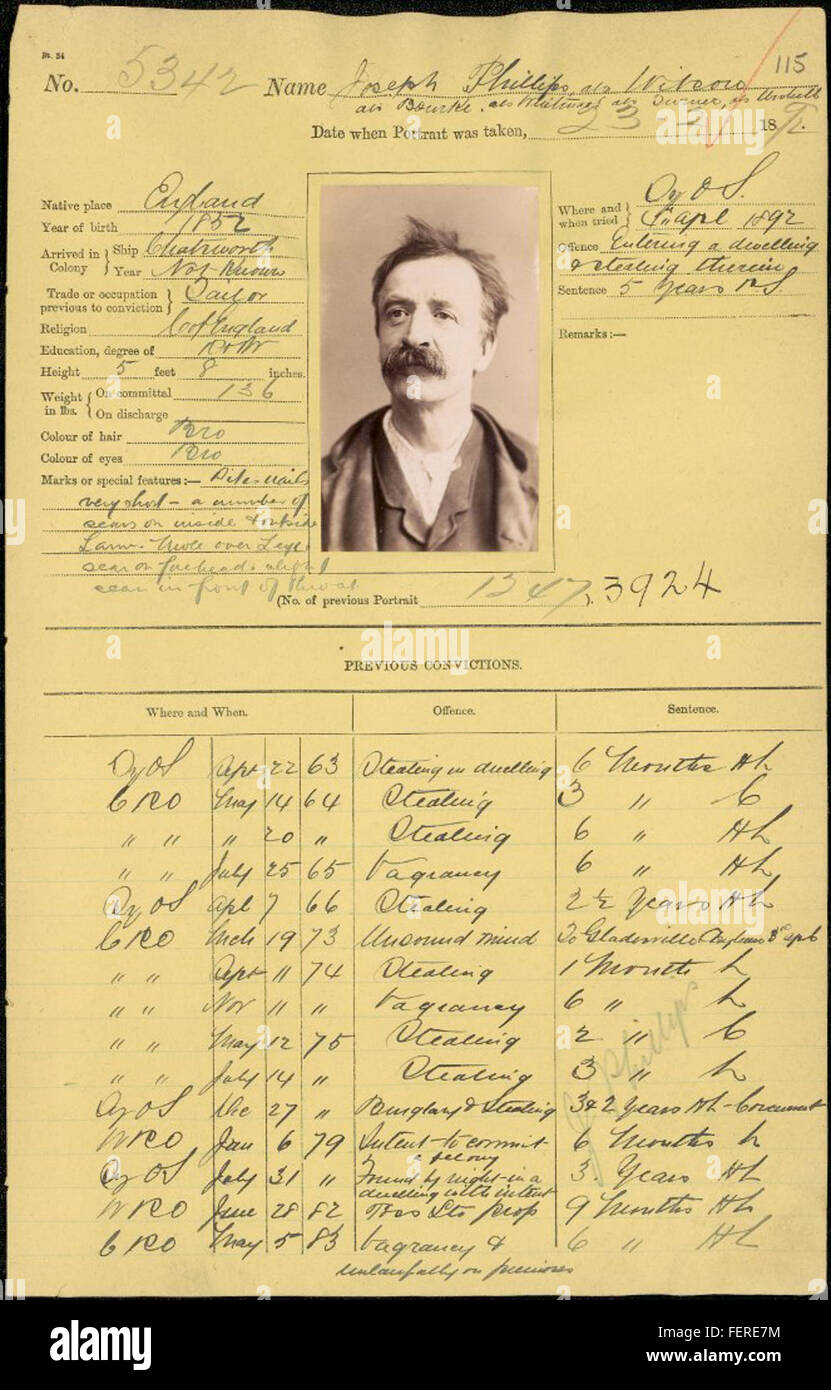 Joseph Phillips, nato in Inghilterra nel 1852, Darlinghurst carcere descrizione fotografica prenota Joseph Phillips, nato in Inghilterra nel 1852, Darlinghurst carcere descrizione fotografica prenota Foto Stock