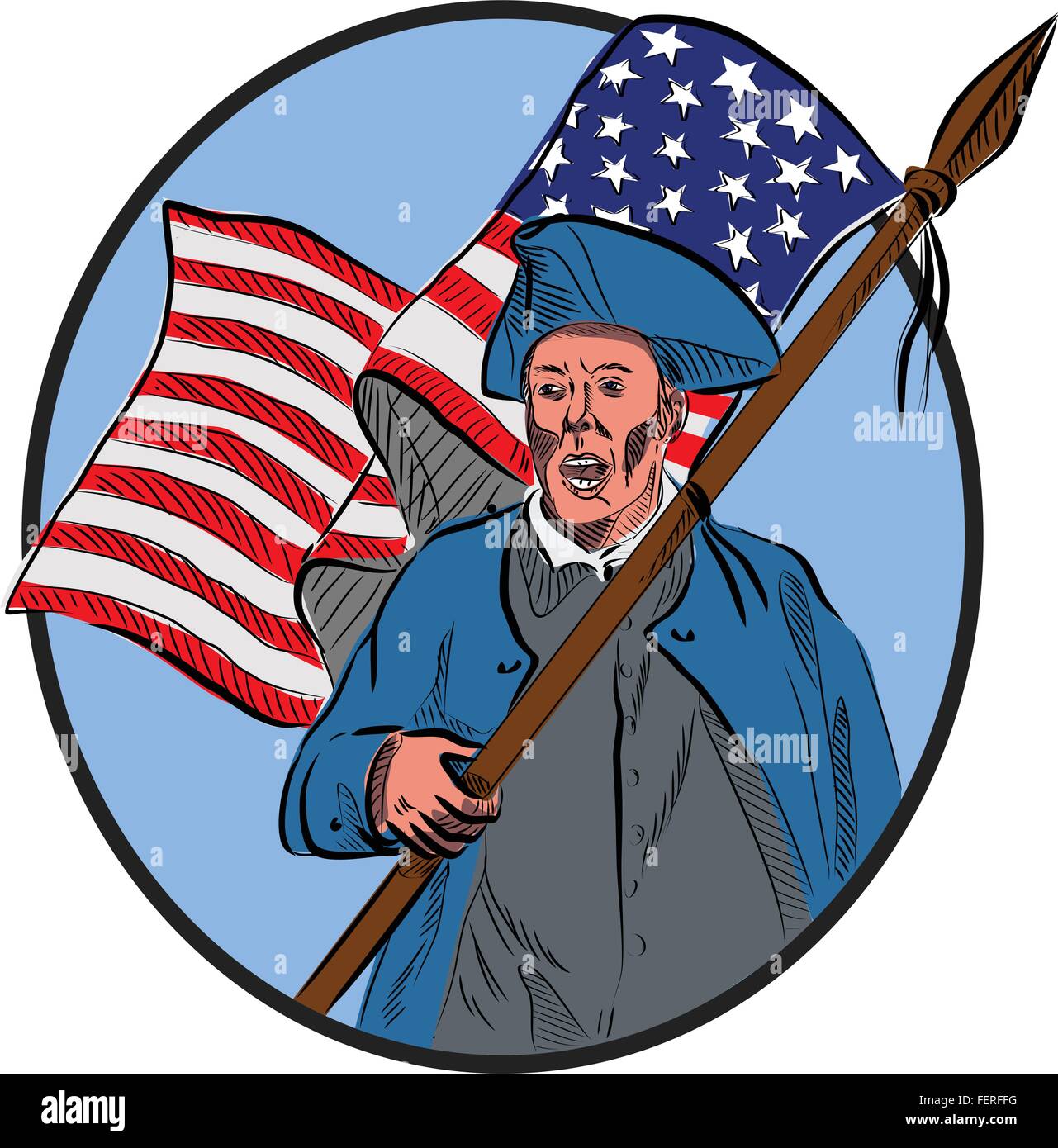 Schizzo di disegno illustrazione dello stile di un american patriot che porta bandiera degli Stati Uniti rivolta verso il lato anteriore impostato all'interno del cerchio. Illustrazione Vettoriale