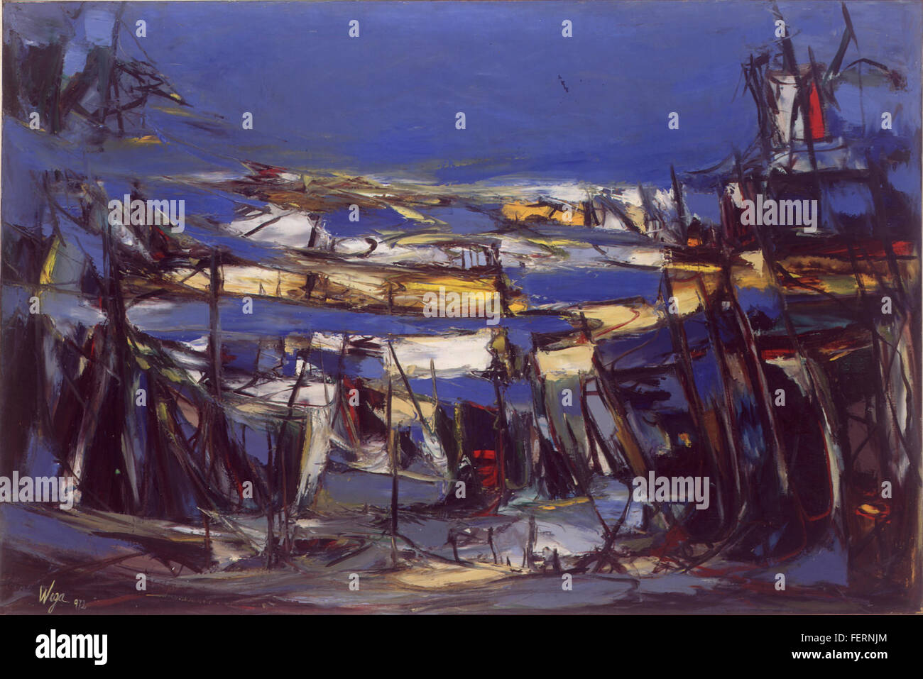 Paisagem (paesaggio) è un dipinto di Wega, creato nel 1972 utilizzando olio su tela. L'opera d'arte, che misura 120 cm x 182 cm, cattura una tranquilla scena paesaggistica e fa parte della storia dell'arte brasiliana, mostrando la tecnica e lo stile di Wega durante il periodo. Foto Stock