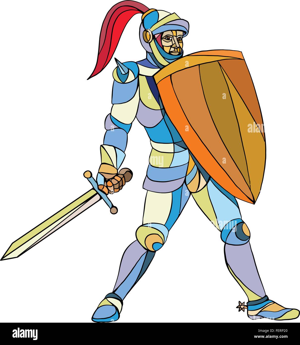 Stile mosaico illustrazione del cavaliere in armatura completa la spada e scudo per difendere insieme sulla isolato sullo sfondo bianco. Illustrazione Vettoriale