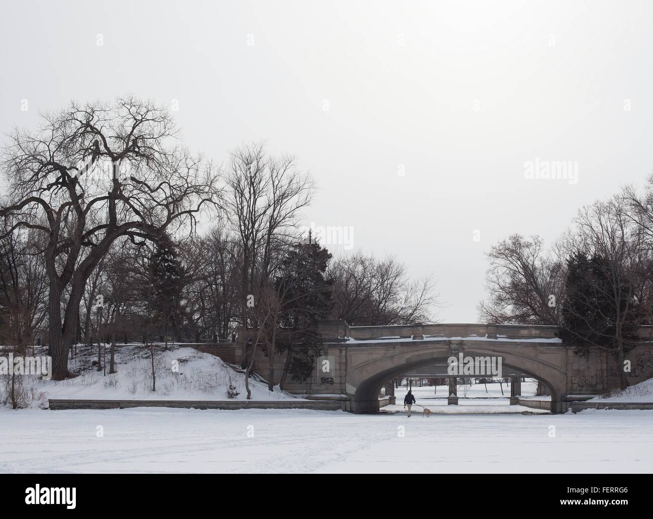 Un uomo e il cane a camminare sotto un ponte sul lago ghiacciato di isole di Minneapolis, Minnesota, USA. Foto Stock
