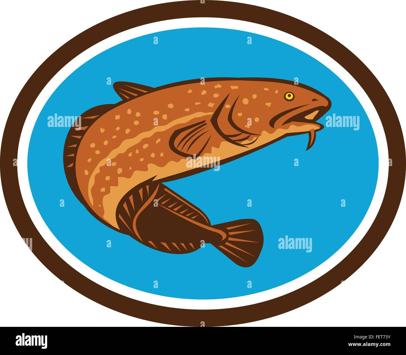 Illustrazione di una bottatrice, gadiform (cod-simili) pesci di acqua dolce, visto da un angolo basso impostato all'interno di forma ovale fatto in stile retrò. Illustrazione Vettoriale