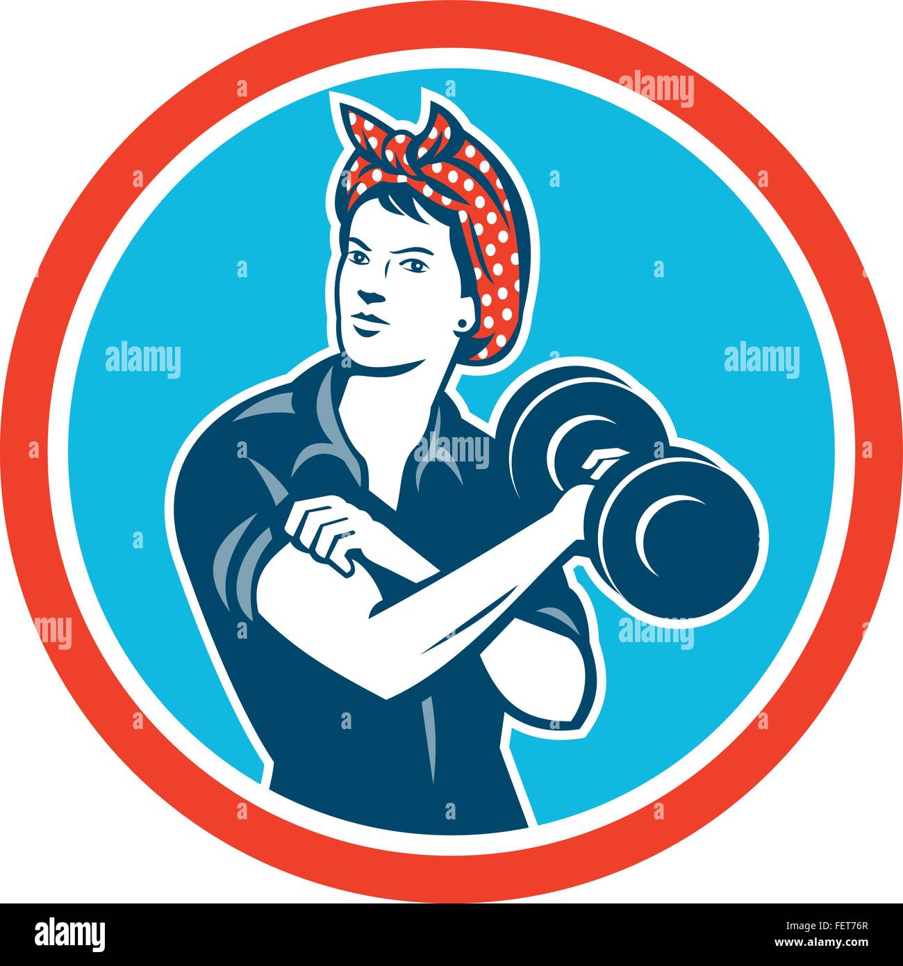 Illustrazione di una femmina vintage indossando polka dot archetto di lavoro fuori muscolo di flessione sollevando il manubrio rivolto verso la parte anteriore impostato all'interno Illustrazione Vettoriale