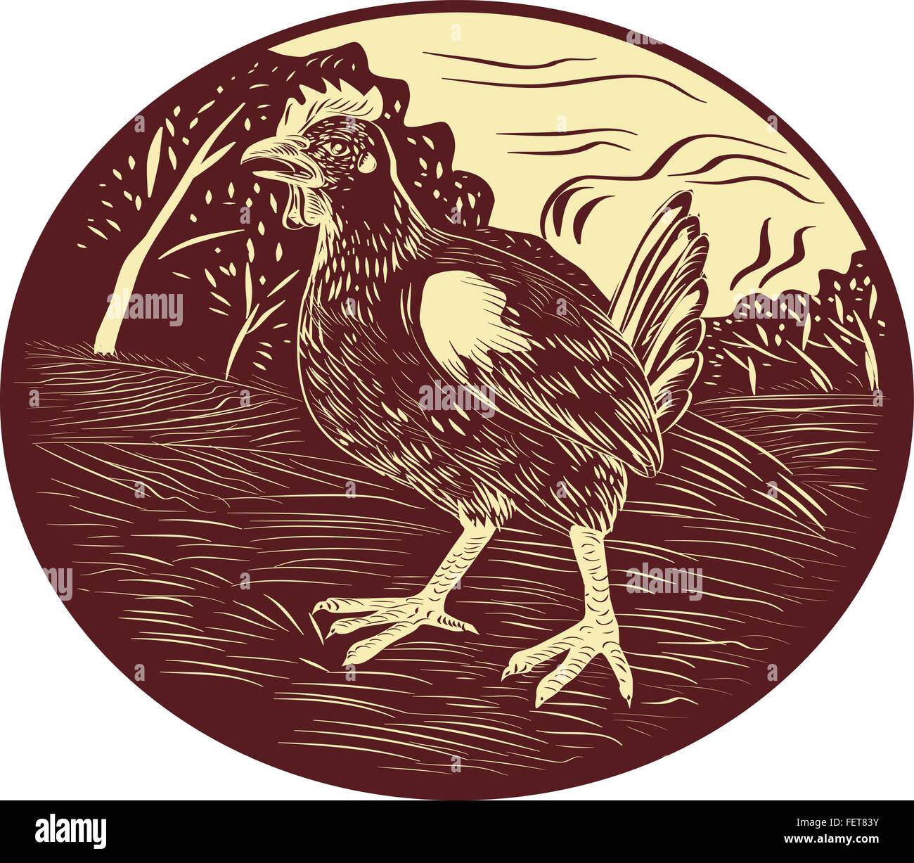 Illustrazione di una gallina in una fattoria con alberi in background imposta all'interno di forma ovale fatto rétro xilografia stile. Illustrazione Vettoriale