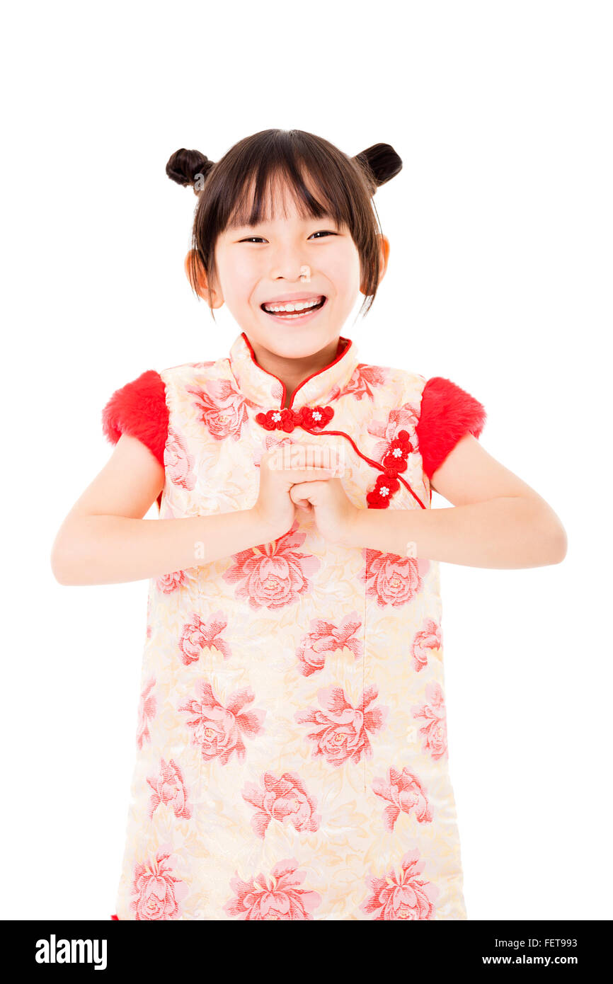 Felice anno nuovo cinese.bambina con gesto di saluti Foto Stock