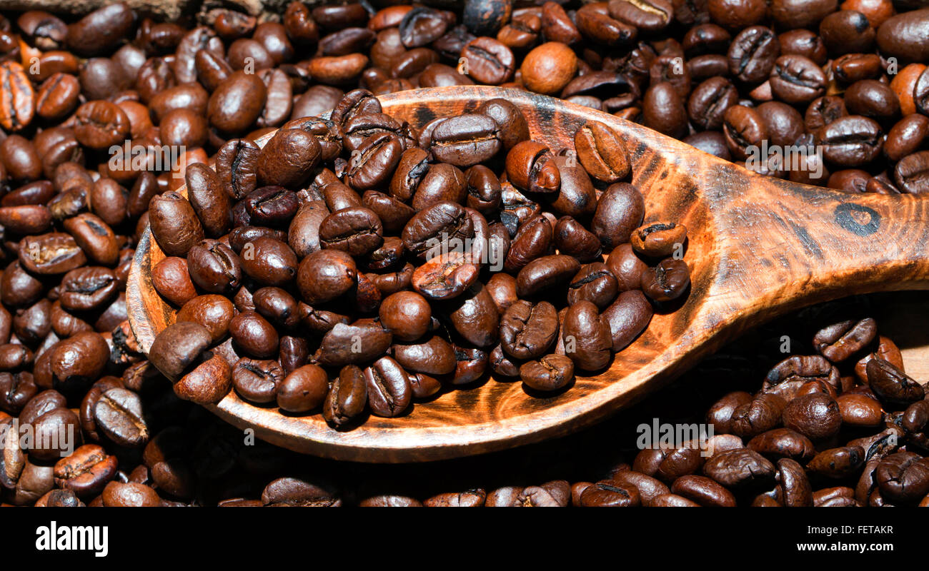 Caffè torrefatto in grani sul cucchiaio di legno, Arabica e Robusta Foto Stock
