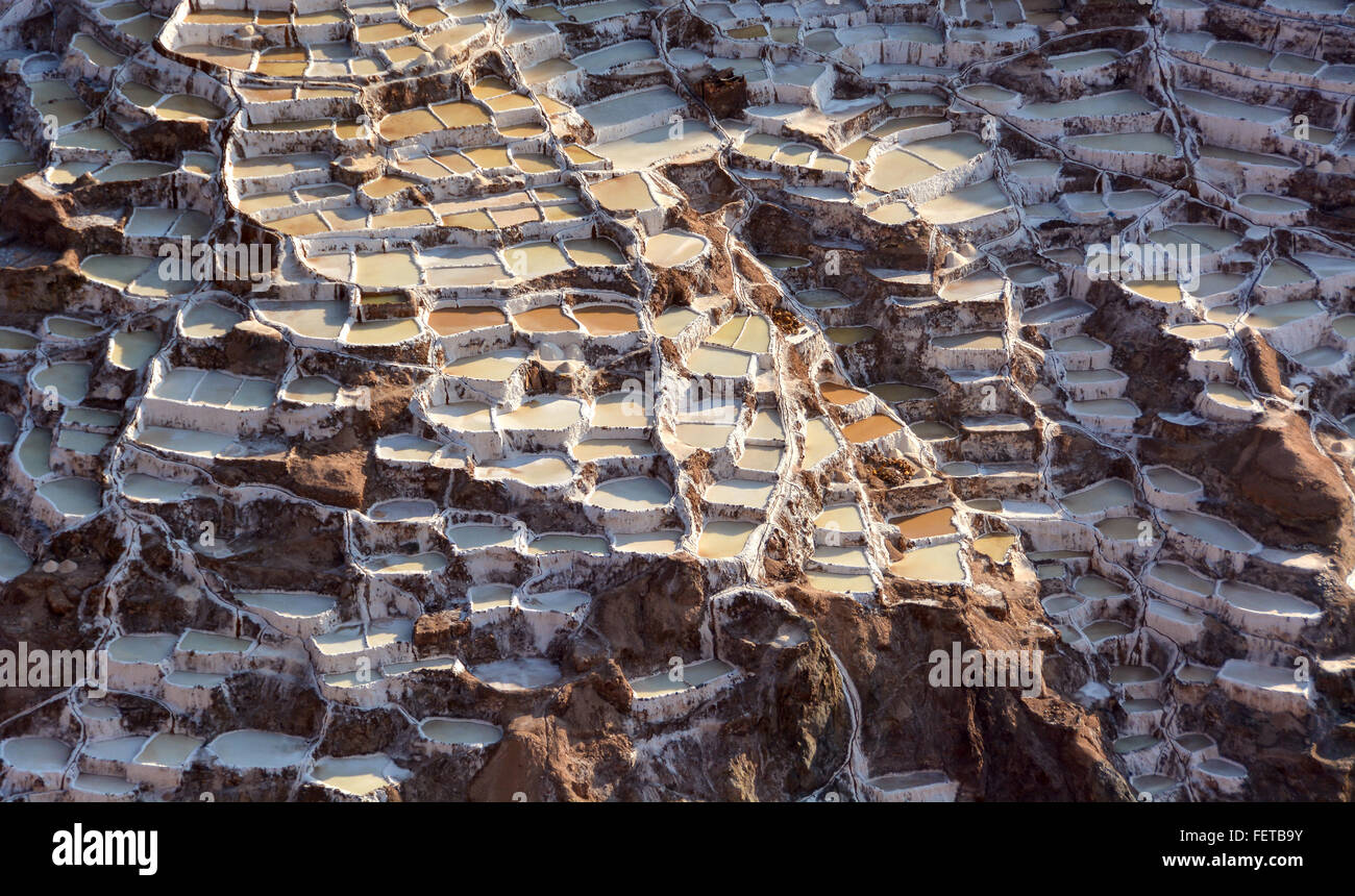 Terrazze per estrazione del sale, a Salinas de maras, la Valle Sacra degli Incas, Urubamba, Perù Foto Stock