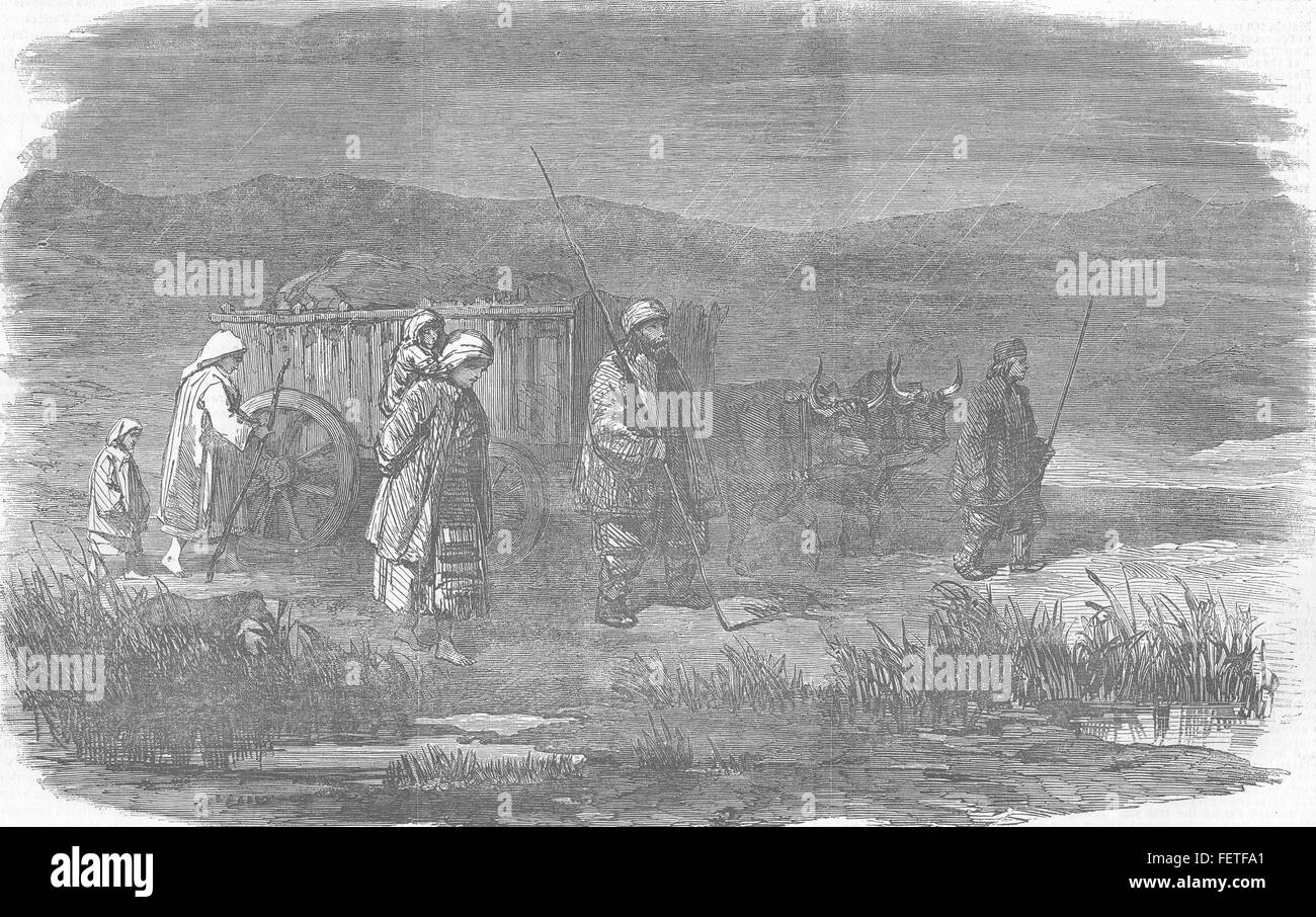 La Bulgaria delle vittime di guerra-famiglia lasciando un villaggio 1854. Illustrated London News Foto Stock