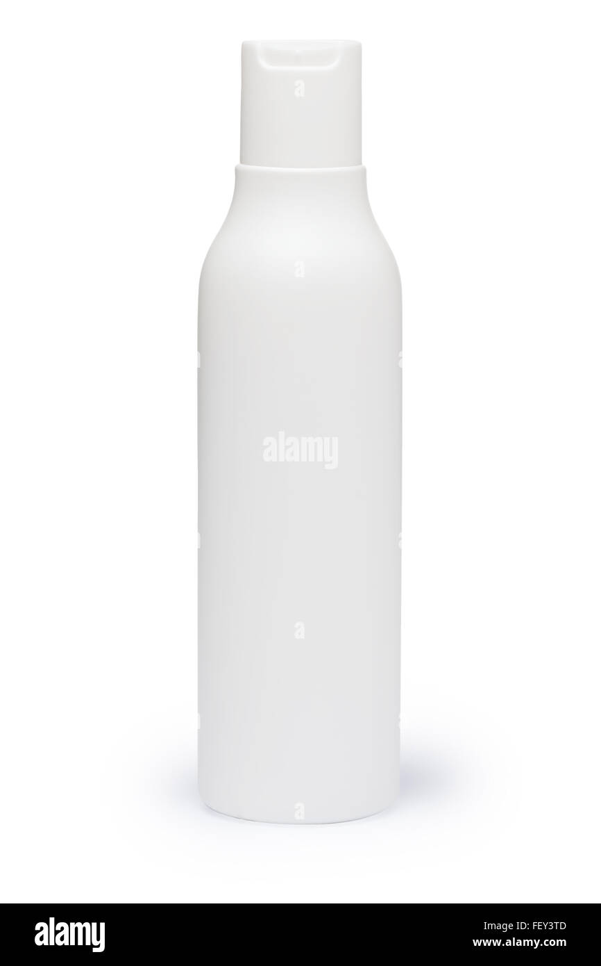 Bottiglia di plastica bianca con il cappuccio (mockup). Infinita profondità di campo, i tracciati di ritaglio per entrambi la bottiglia e la sua ombra Foto Stock