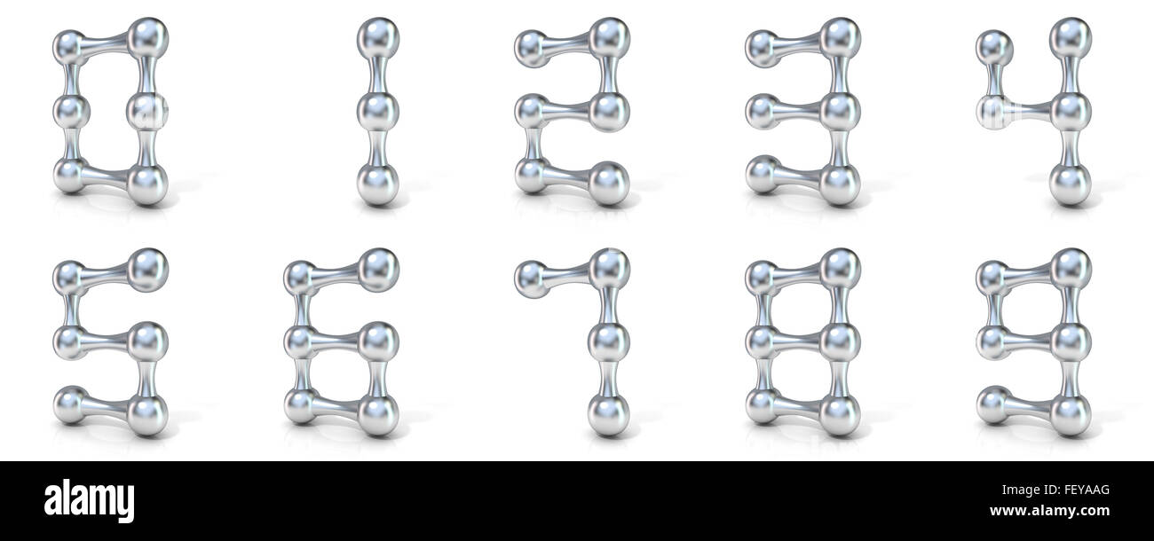 Font molecolare cifre numeriche raccolta, 3D render illustrazione isolati su sfondo bianco. Foto Stock