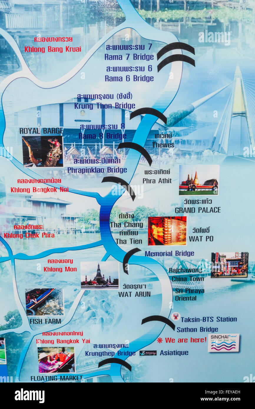Thailandia, Bangkok, Fiume Chao Phraya mappa che mostra le attrazioni turistiche Foto Stock