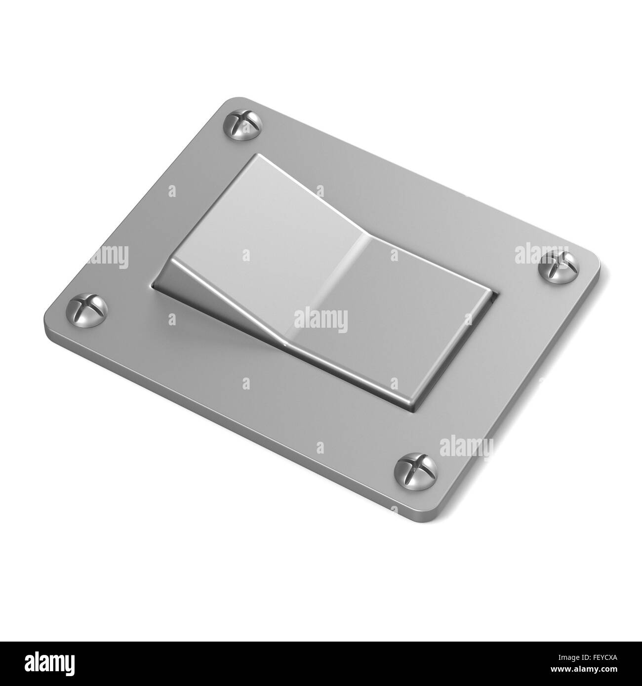 Vuoto, argento, interruttore di alimentazione pulsante. Angolo di visualizzazione. 3D render illustrazione isolati su sfondo bianco Foto Stock