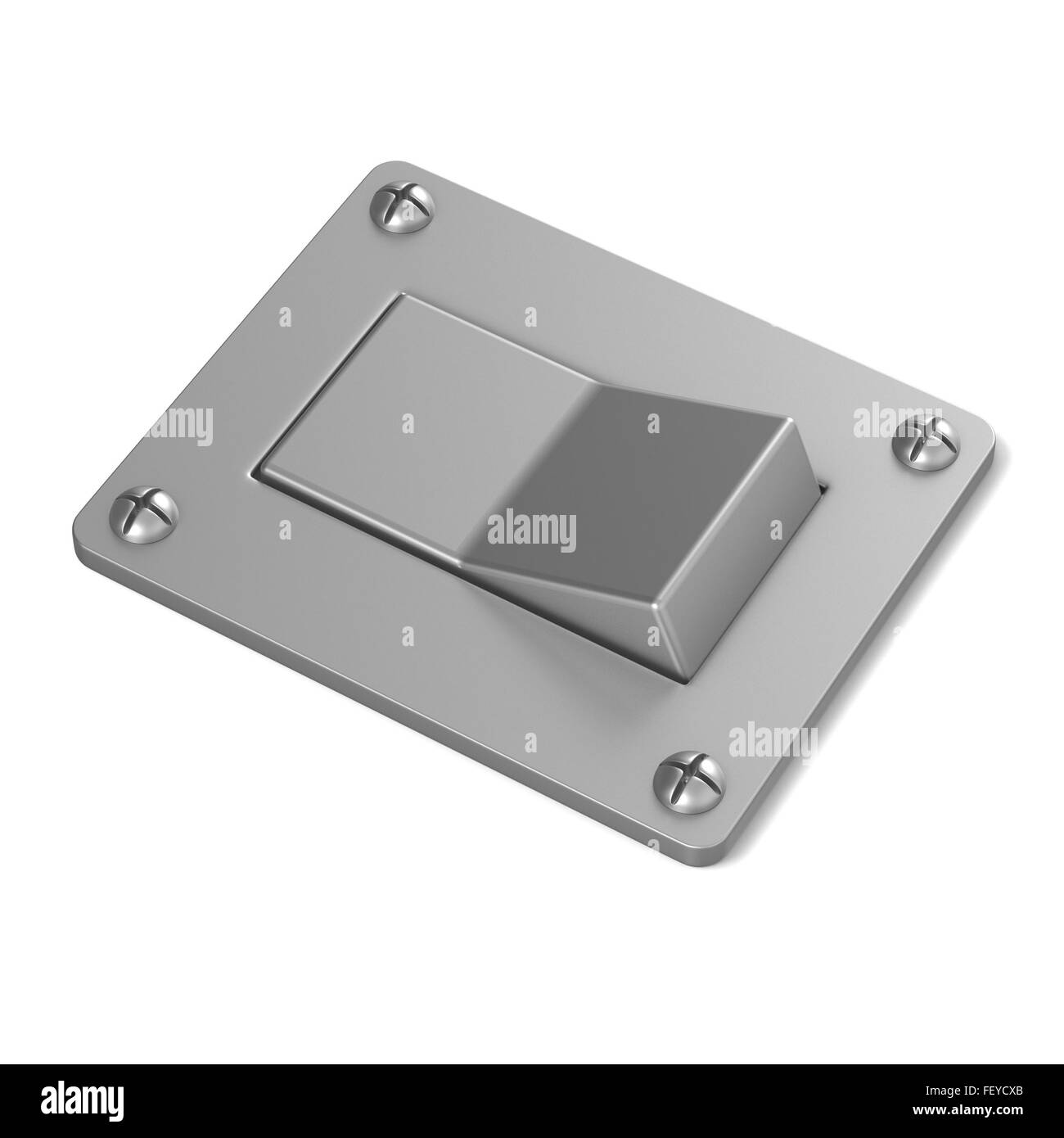 Vuoto, argento, interruttore di alimentazione pulsante. Angolo di visualizzazione. 3D render illustrazione isolati su sfondo bianco Foto Stock
