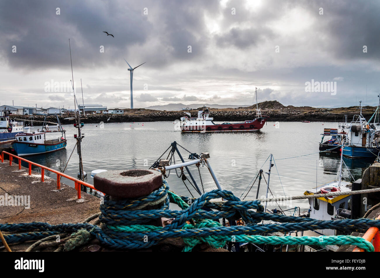Burtonport, County Donegal, Irlanda. Il 9 febbraio 2016. Una nuova previsione da parte della Commissione europea prevede che la Repubblica di Irlanda continueranno ad avere il più alto tasso di crescita economica nella zona euro nel 2016. La Commissione ha detto che la crescita del PIL nel 2015 è stata del 6,9%, fuori del retro del miglioramento delle finanze pubbliche e di una crescita sostenuta dell'occupazione. La figura mostra un traghetto che lascia il porto per Arranmore Island. Credito: Richard Wayman/Alamy Live News Foto Stock