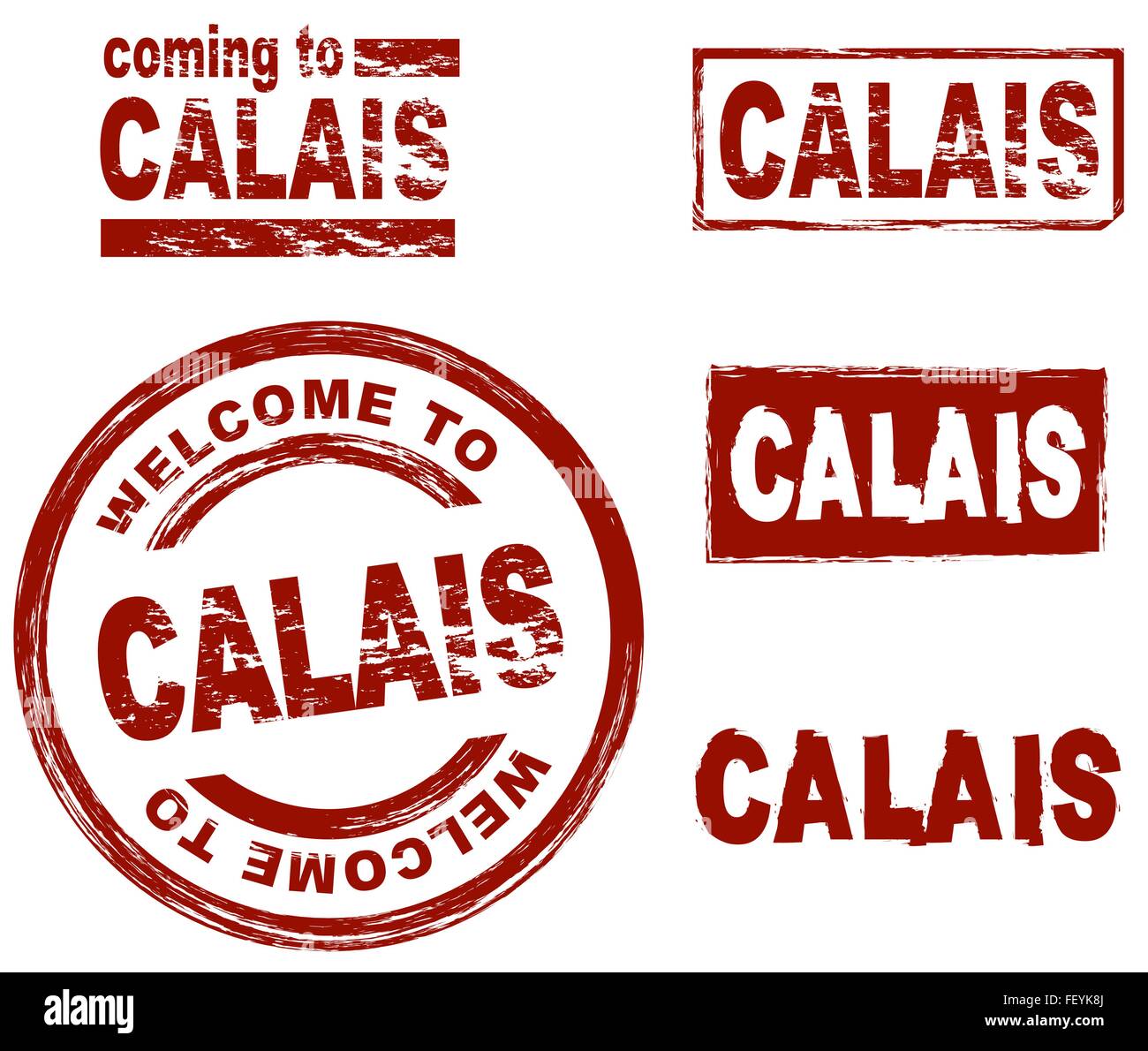 Set di inchiostro stilizzata timbri che mostra la città di Calais Illustrazione Vettoriale